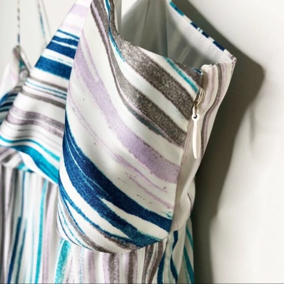 LOFT Silk-Like Striped Dress Spaghetti Straps Blue Turquoise White Sz 0 - Picture 6 of 8